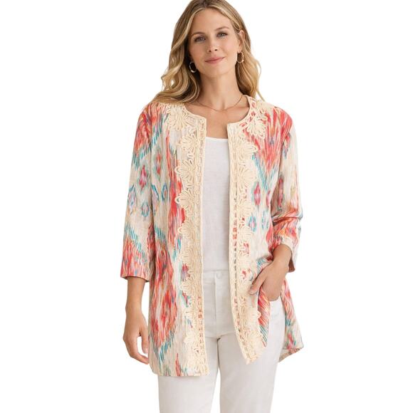 Chico’s Open Front Linen Cotton Jacket Ikat Print Crochet Trim Size 3 XL - Picture 1 of 6